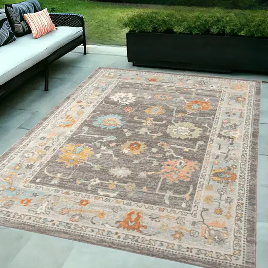 Gray and Orange Floral Stain Resistant Indoor Outdoor Area Rug Photo 1