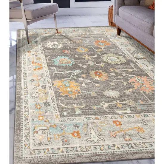 Gray and Orange Floral Stain Resistant Indoor Outdoor Area Rug Photo 3