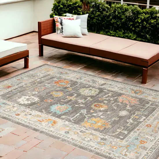 Gray and Orange Floral Stain Resistant Indoor Outdoor Area Rug Photo 1