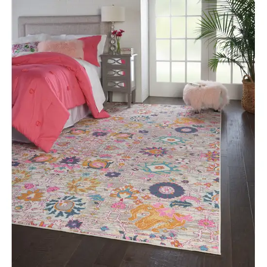 Silver Gray And Pink Floral Distressed Area Rug Photo 8