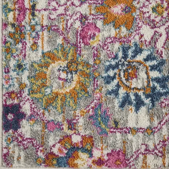 6' Silver Gray And Pink Floral Distressed Runner Rug Photo 7