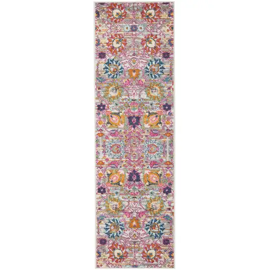 6' Silver Gray And Pink Floral Distressed Runner Rug Photo 2