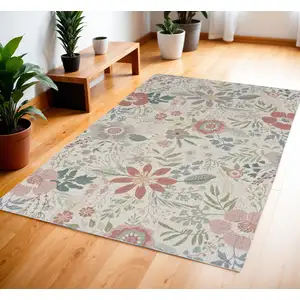 Photo of Gray and Pink Floral Power Loom Washable Non Skid Area Rug