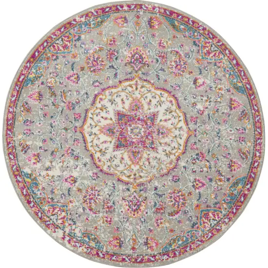 4' Gray And Ivory Medallion Round Rug Photo 2