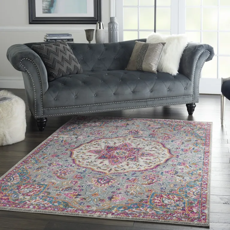 Gray and Pink Medallion Area Rug Photo 5