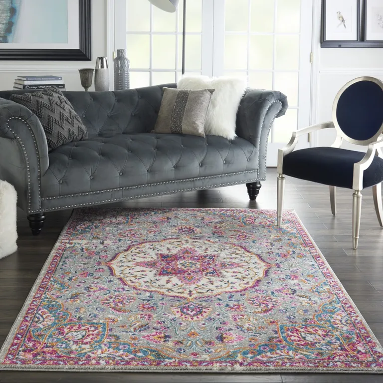 Gray and Pink Medallion Area Rug Photo 4