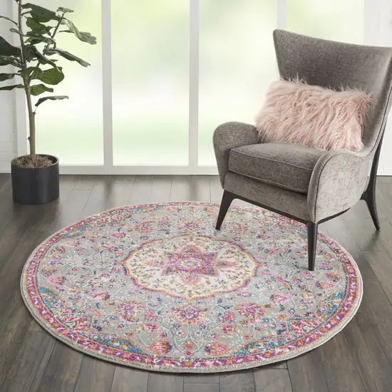 5' Gray and Pink Round Medallion Power Loom Area Rug Photo 8