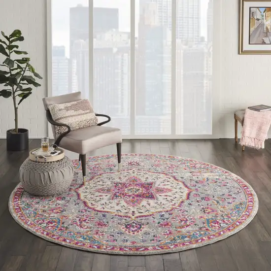 8' Gray And Ivory Medallion Round Rug Photo 9