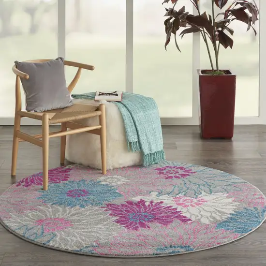 4' Gray And Pink Floral Round Rug Photo 9