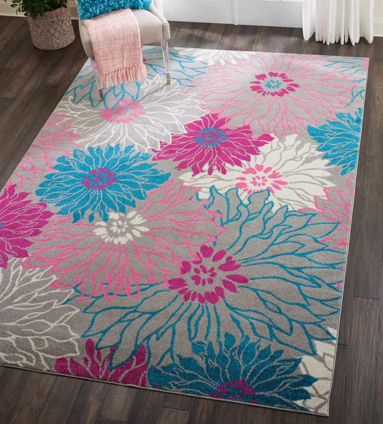 Gray and Pink Tropical Flower Area Rug Photo 2