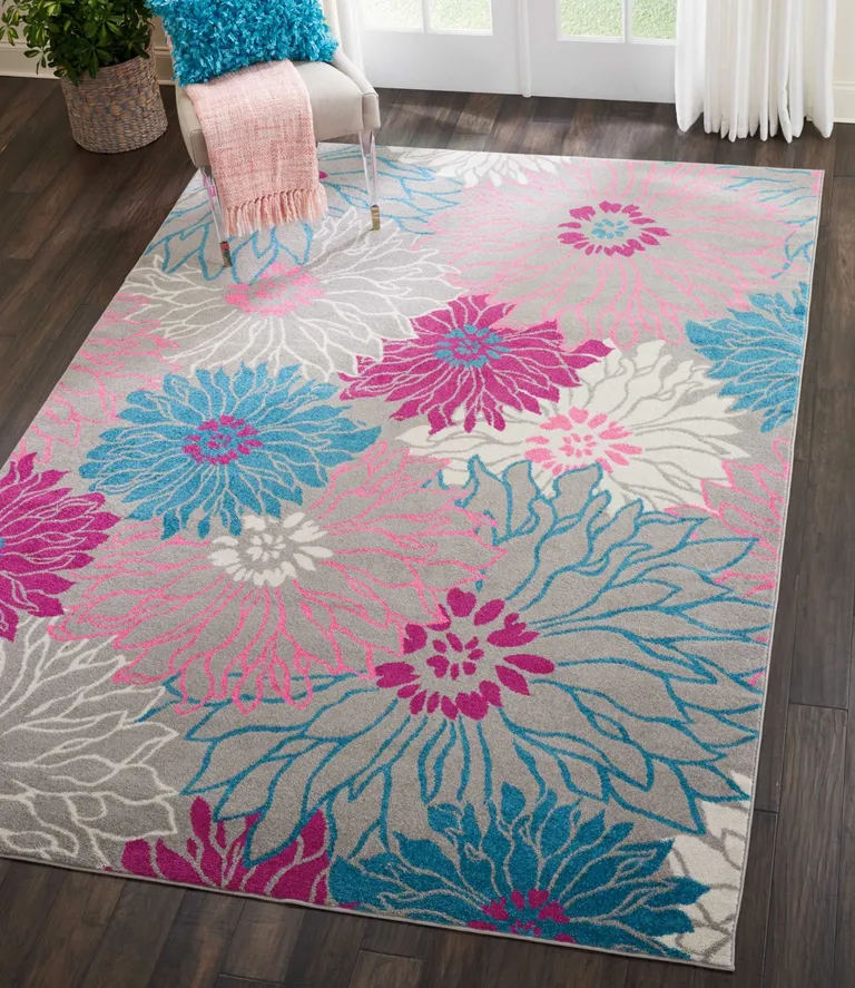 Gray and Pink Tropical Flower Area Rug Photo 1