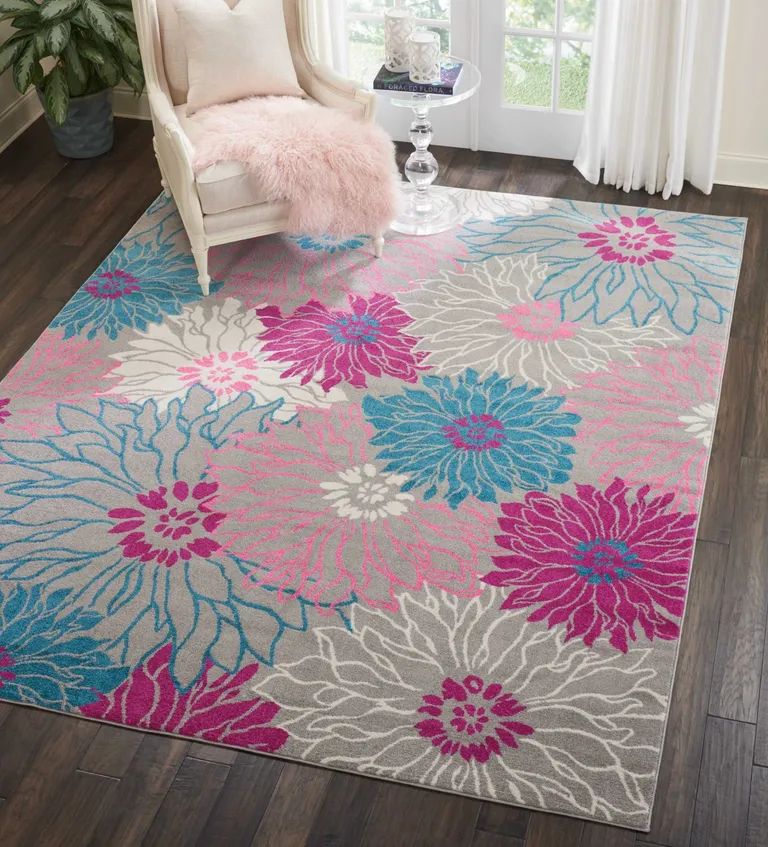 Gray and Pink Tropical Flower Area Rug Photo 5