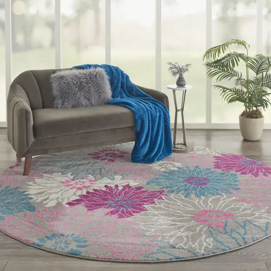 8' Gray And Pink Floral Round Rug Photo 9