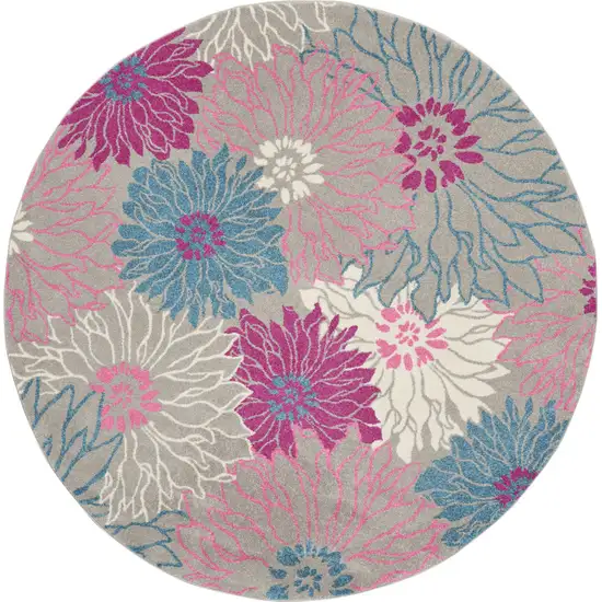 8' Gray And Pink Floral Round Rug Photo 2