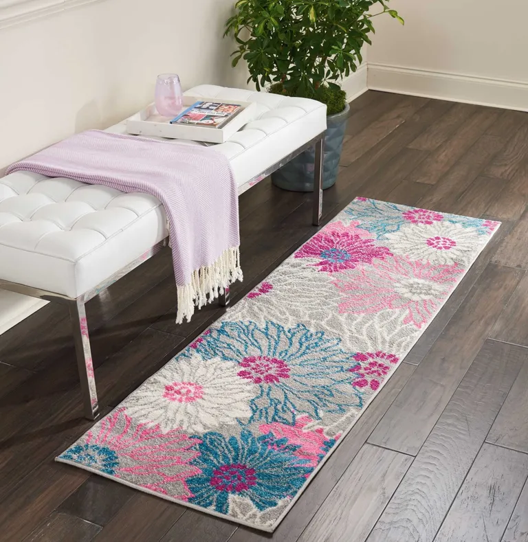 Gray and Pink Tropical Flower Runner Rug Photo 4