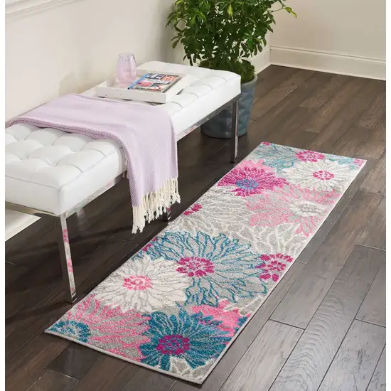 Gray and Pink Tropical Flower Runner Rug Photo 4