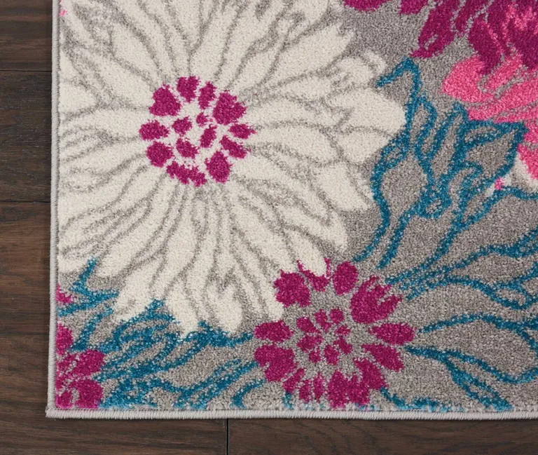 Gray and Pink Tropical Flower Runner Rug Photo 2