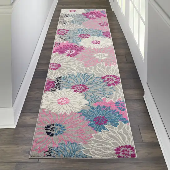 10' Gray And Pink Floral Runner Rug Photo 8