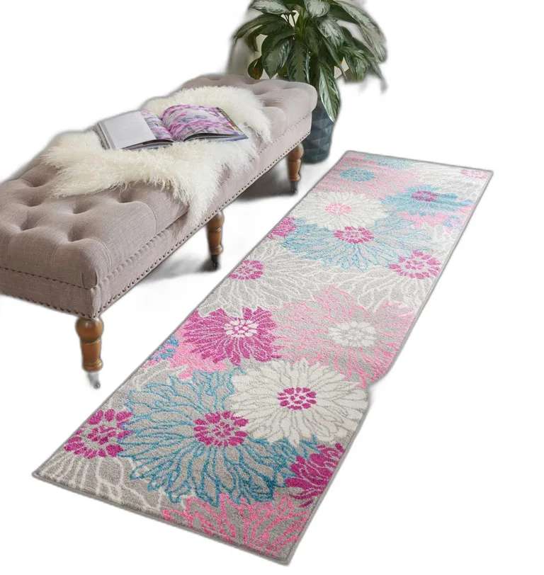 Gray and Pink Tropical Flower Runner Rug Photo 5