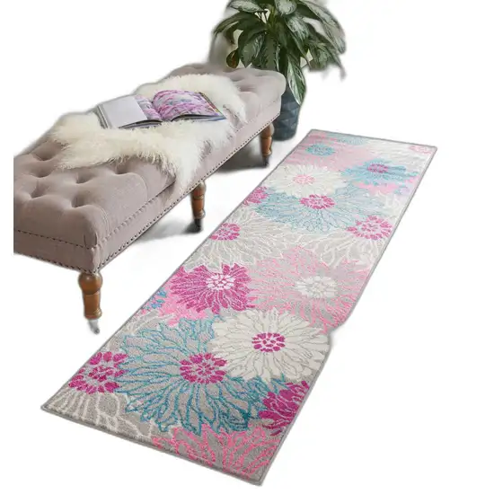 Gray and Pink Tropical Flower Runner Rug Photo 5