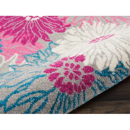 8' Gray And Pink Floral Runner Rug Photo 4