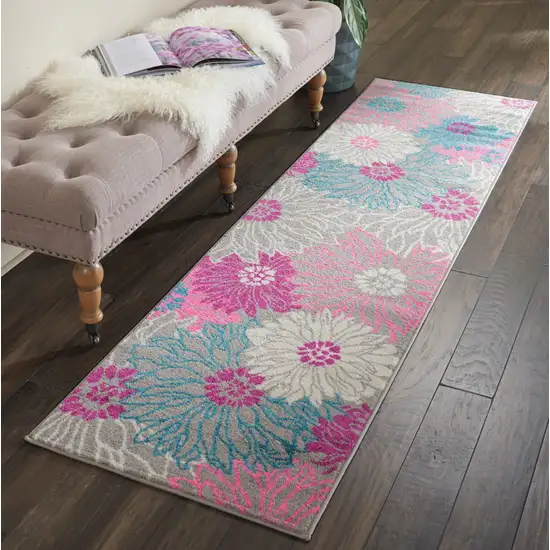 8' Gray And Pink Floral Runner Rug Photo 9