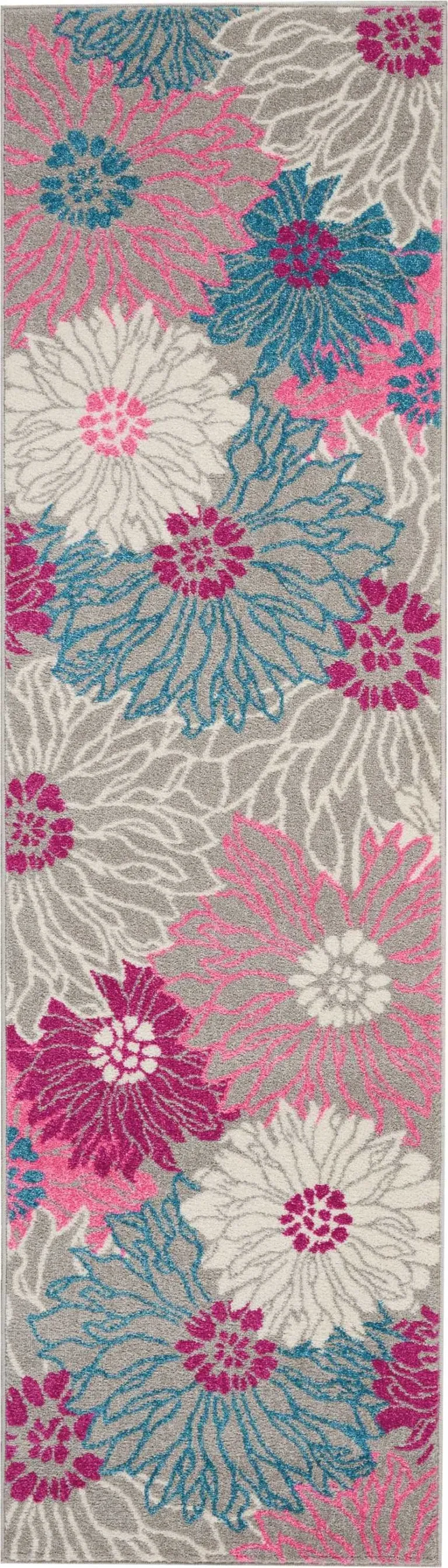 Gray and Pink Tropical Flower Runner Rug Photo 1