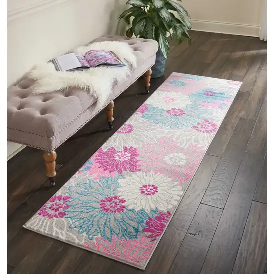 Gray and Pink Tropical Flower Runner Rug Photo 6