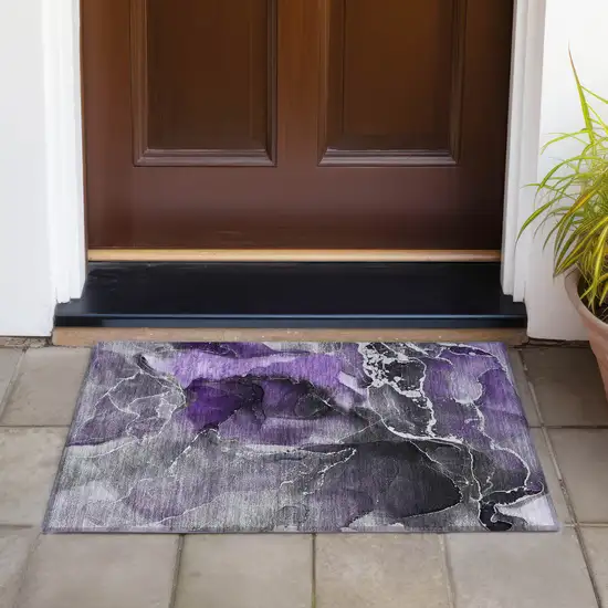 Gray and Purple Abstract Washable Non Skid Indoor Outdoor Area Rug Photo 8