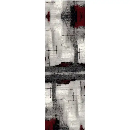 Gray and Red Abstract Distressed Area Rug Photo 2