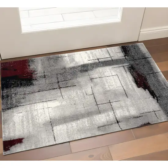 Gray and Red Abstract Distressed Area Rug Photo 2