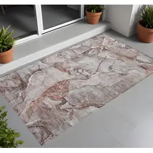 Photo of Gray and Red Abstract Washable Non Skid Indoor Outdoor Area Rug