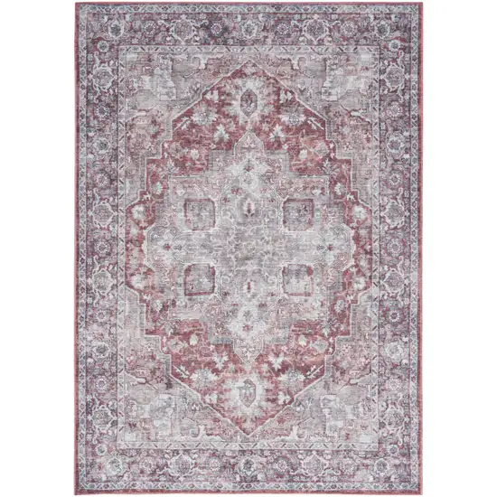 Gray and Red Floral Medallion Power Loom Distressed Area Rug Photo 9