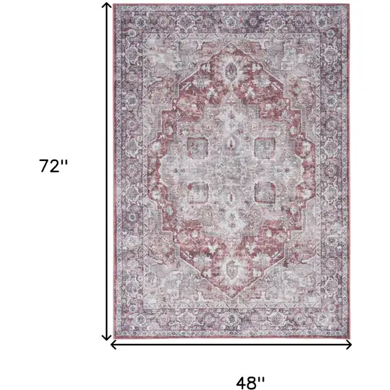 Gray and Red Floral Medallion Power Loom Distressed Area Rug Photo 3