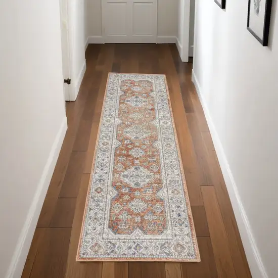 Gray and Red Medallion Power Loom Runner Rug Photo 1