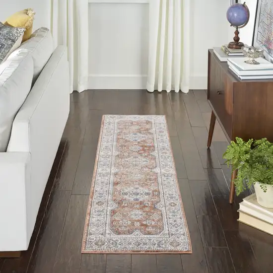 Gray and Red Medallion Power Loom Runner Rug Photo 8