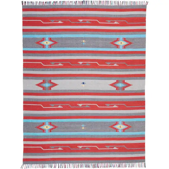 Gray and Red Southwestern Handmade Area Rug With Fringe Photo 2