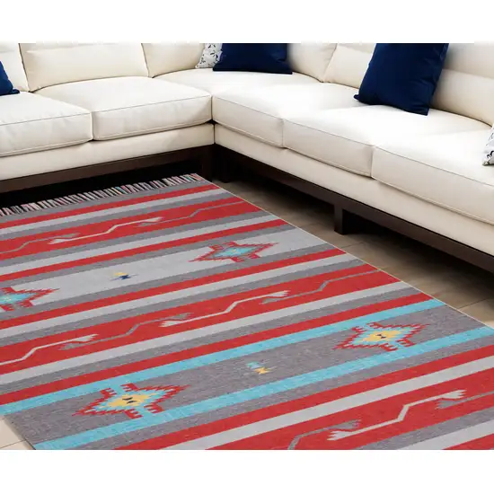 Gray and Red Southwestern Handmade Area Rug With Fringe Photo 1