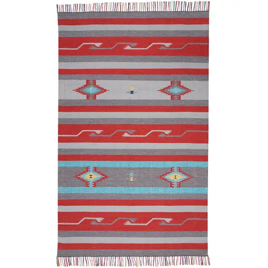 Gray and Red Southwestern Handmade Area Rug With Fringe Photo 2