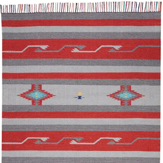 Gray and Red Southwestern Handmade Area Rug With Fringe Photo 9