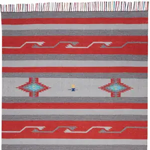 Photo of Gray and Red Southwestern Handmade Area Rug With Fringe