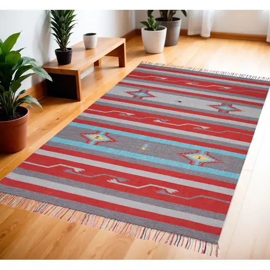 Gray and Red Southwestern Handmade Area Rug With Fringe Photo 1