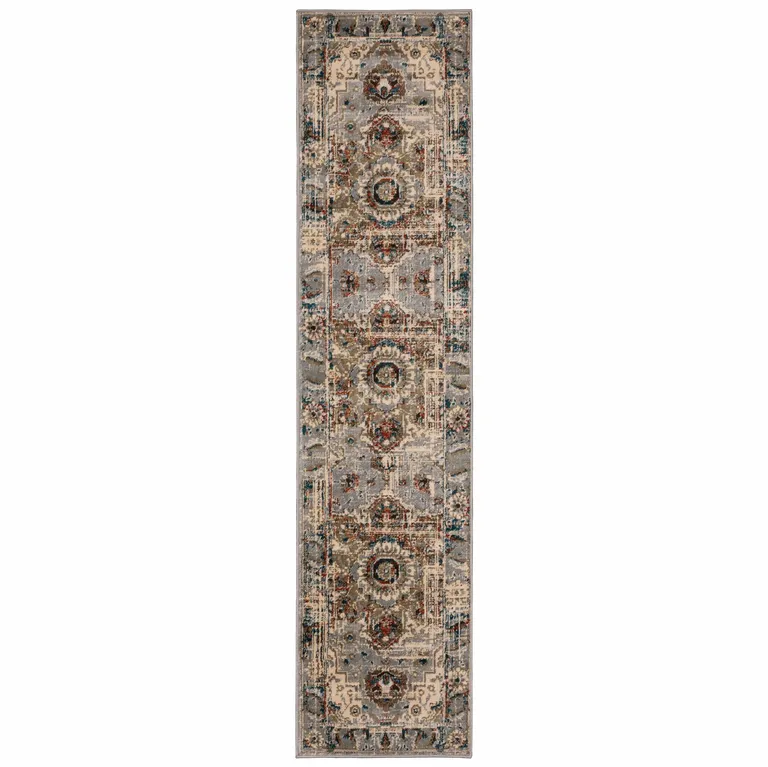 Gray and Rust Distressed Medallion Runner Rug Photo 1