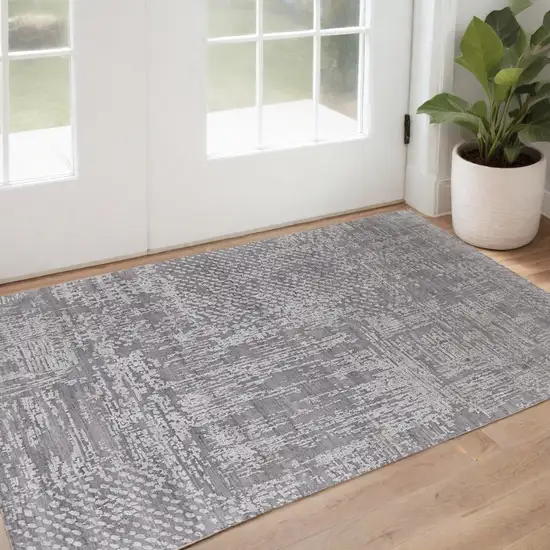 Gray and Silver Abstract Hand Woven Worn Faded Area Rug Photo 1