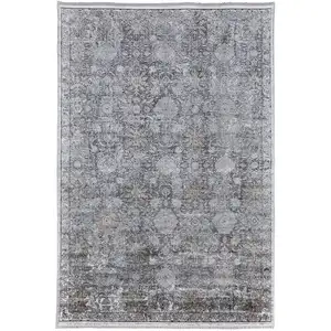 Photo of Gray and Silver Damask Power Loom Worn Faded Area Rug