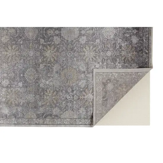 Gray and Silver Damask Power Loom Worn Faded Area Rug Photo 4