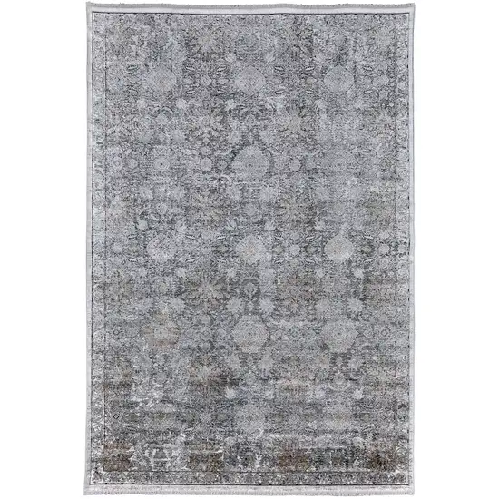 Gray and Silver Damask Power Loom Worn Faded Area Rug Photo 5