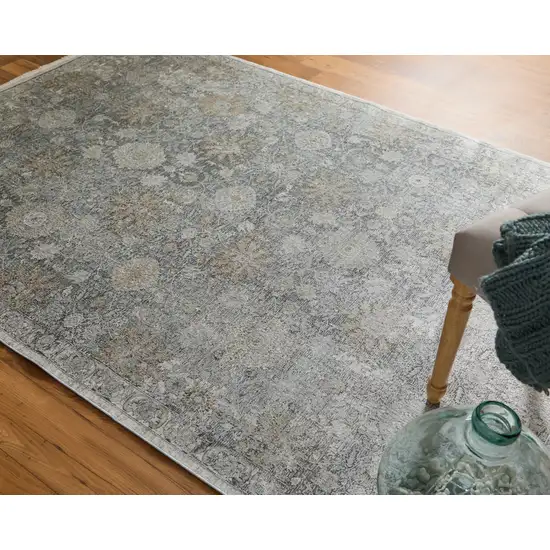 Gray and Silver Damask Power Loom Worn Faded Area Rug Photo 9