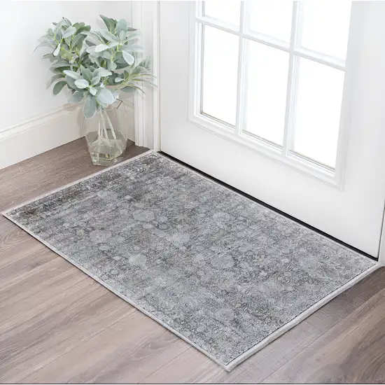 Gray and Silver Damask Power Loom Worn Faded Area Rug Photo 1