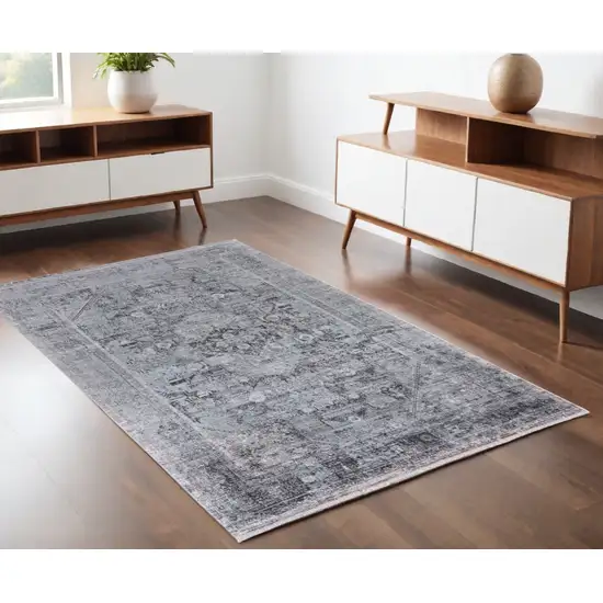 Gray and Silver Oriental Power Loom Worn Faded Area Rug Photo 1